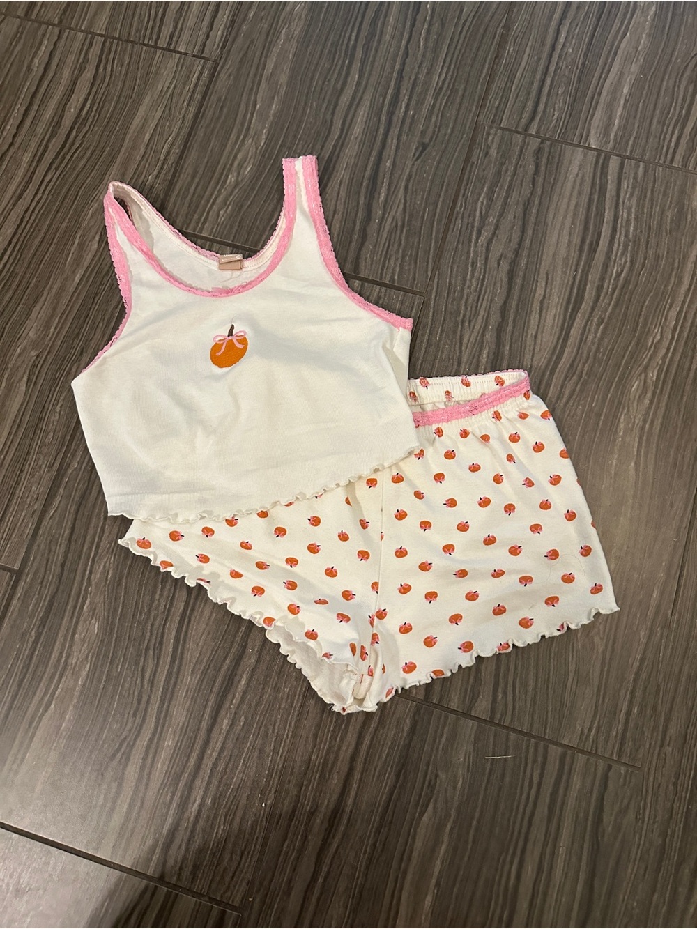 Embroidered Frilly Pumpkin Tank & Short Pajama Set